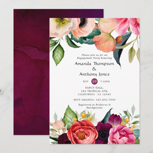 Watercolor Boho Floral Engagement Party Invitation (Front/Back)