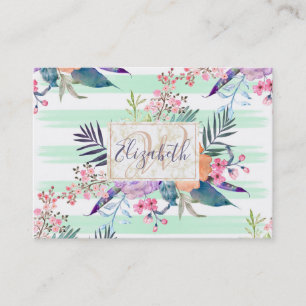 Watercolor Boho floral, leaves, stripes hand paint Business Card