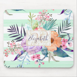 Watercolor Boho floral, leaves, stripes hand paint Mouse Mat