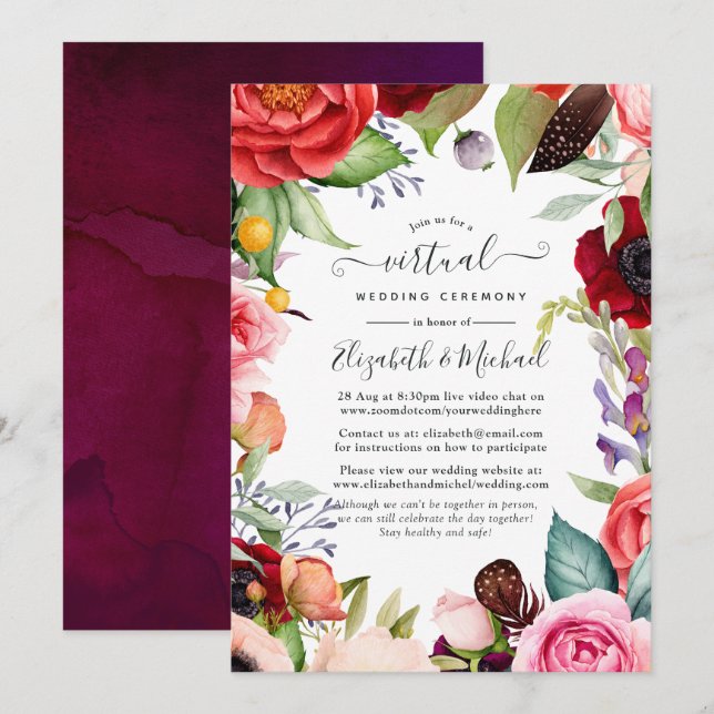 Watercolor Boho Floral Online Virtual Wedding Invitation (Front/Back)
