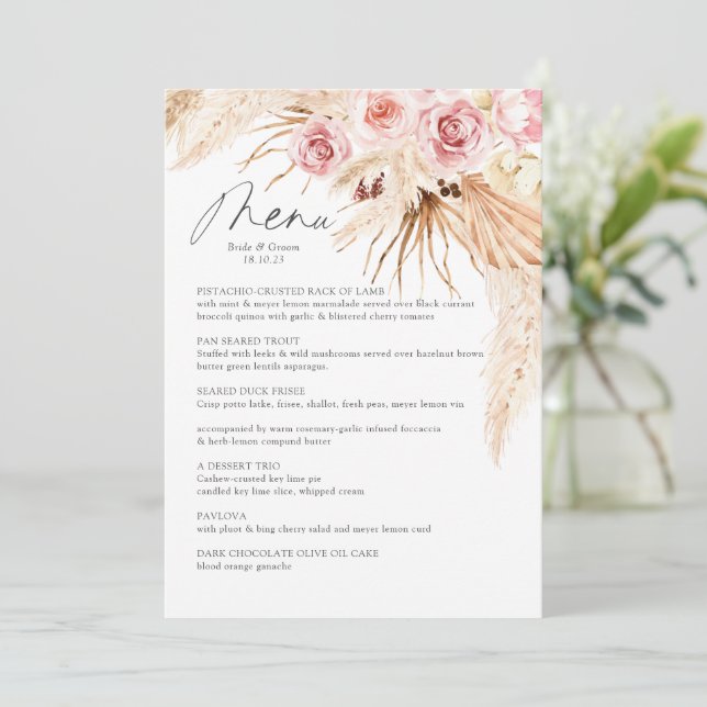Watercolor Boho Floral Pampas Gras Wedding  Menu (Standing Front)