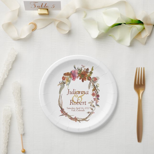 Watercolor Boho floral   Paper Plates (Wedding)