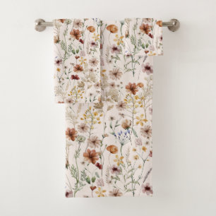 Watercolor Boho Floral Pattern Bath Towel Set