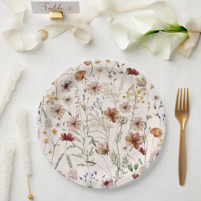 Watercolor Boho Floral Pattern Paper Plate (Wedding)