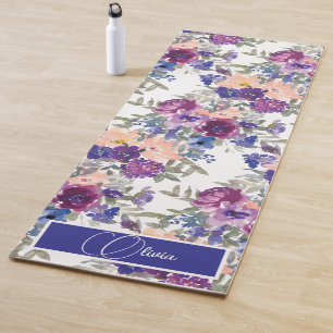 Watercolor Boho Floral Purple Script Yoga Mat