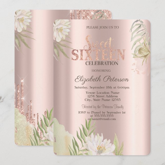 Watercolor Boho Floral Rose Gold Sweet 16  Invitation (Front/Back)