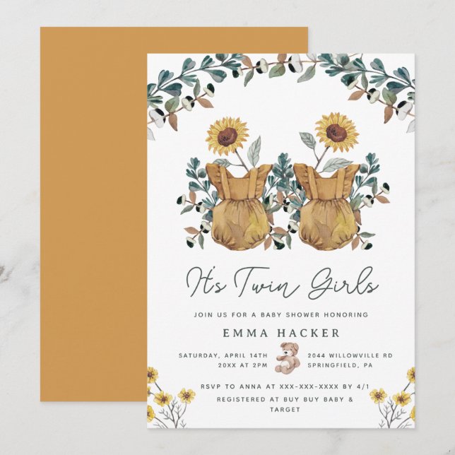 Watercolor Boho Floral Twins Shower Invitation (Front/Back)