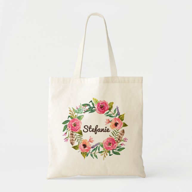 Watercolor Boho Floral Wreath Bridesmaid Tote Bag (Front)