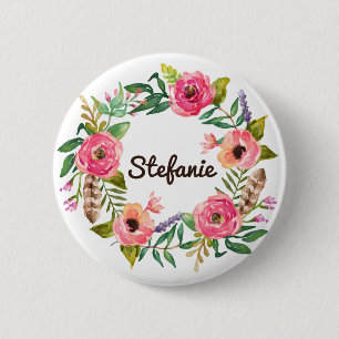 Watercolor Boho Floral Wreath Personalised 6 Cm Round Badge