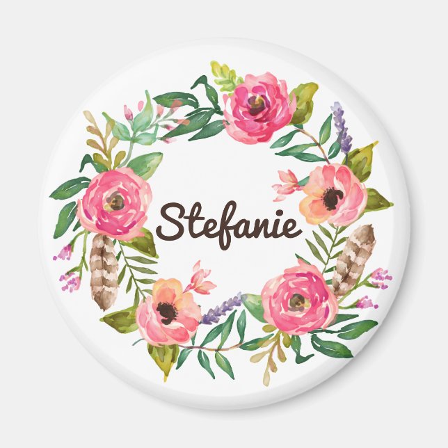 Watercolor Boho Floral Wreath Personalised Magnet (Front)