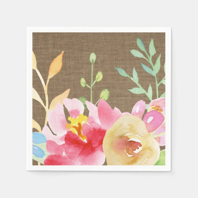 Watercolor Boho Flowers & Burlap Napkin (Front)