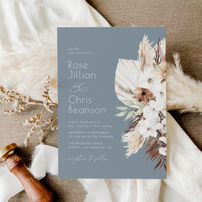 Watercolor boho flowers dusty blue wedding invitation (Creator Uploaded)