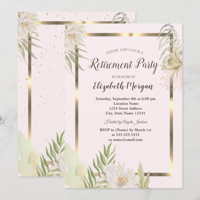 Watercolor Boho Flowers Gold Frame Retirement  Invitation (Front/Back)