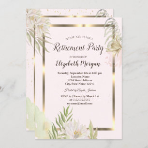 Watercolor Boho Flowers Gold Frame Retirement Invitation