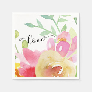 Watercolor Boho Flowers & Script Typography Love Napkin