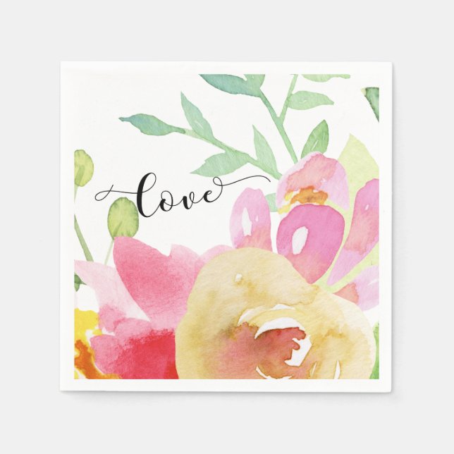 Watercolor Boho Flowers & Script Typography Love Napkin (Front)