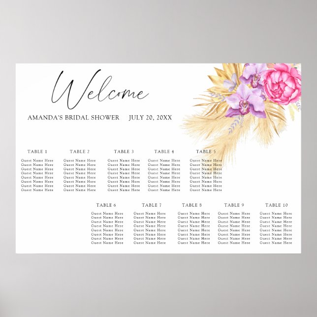 Watercolor boho flowers wedding seating chart (Front)