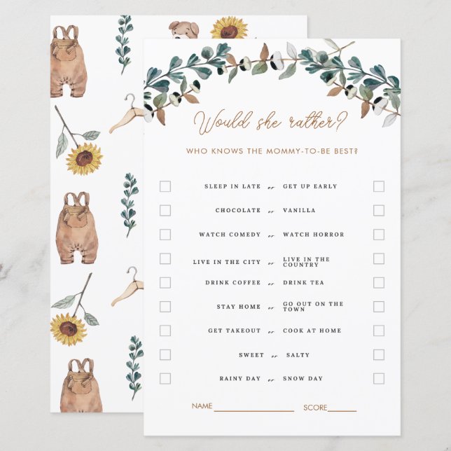 Watercolor Boho Gender Neutral Baby Shower Games (Front/Back)