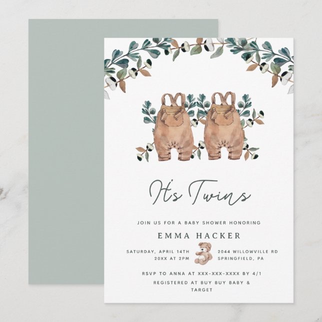 Watercolor Boho Gender Neutral Twins Shower Invitation (Front/Back)