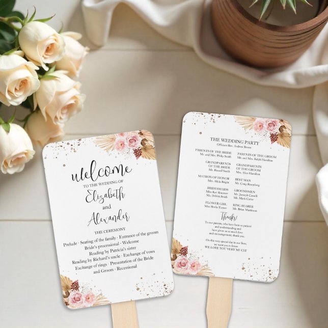 Watercolor Boho Glitter Wedding Program Hand Fan (Creator Uploaded)