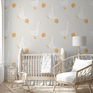 Watercolor Boho Goose Balloon White Beige Nursery Wallpaper