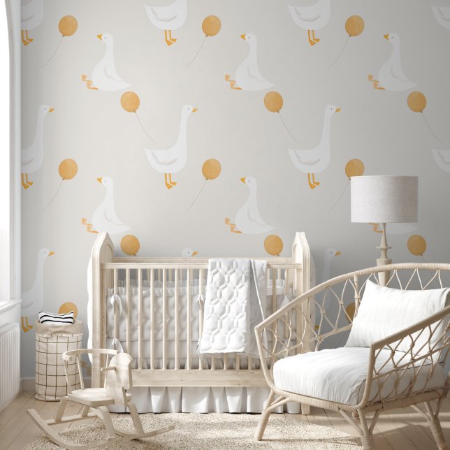Watercolor Boho Goose Balloon White Beige Nursery Wallpaper (Kids)