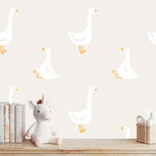 Watercolor Boho Goose Duck White Beige Nursery Wallpaper