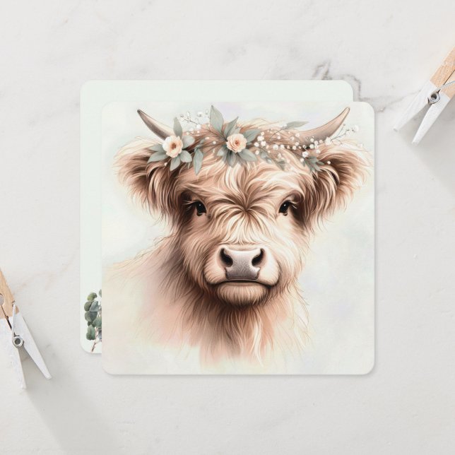 Watercolor Boho Highland Cow With Bridal Headpiece Invitation (Front/Back In Situ)