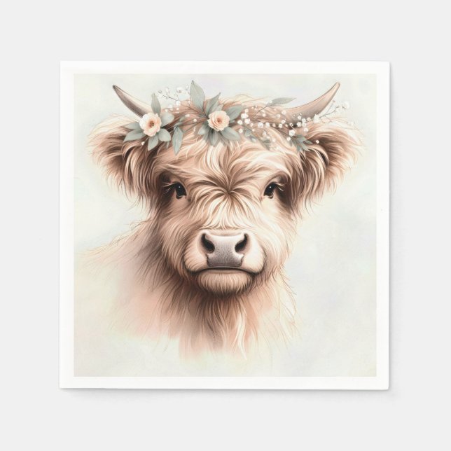 Watercolor Boho Highland Cow With Bridal Headpiece Napkin (Front)
