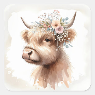Watercolor Boho Highland Cow With Flowers Square Sticker
