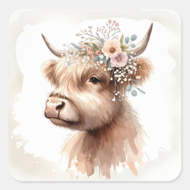 Watercolor Boho Highland Cow With Flowers Square Sticker (Front)