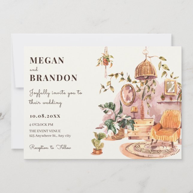 Watercolor boho house interior plants wedding invitation (Front)