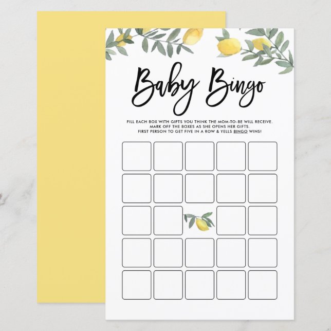 Watercolor Boho Lemons Baby Shower Bingo Game (Front/Back)