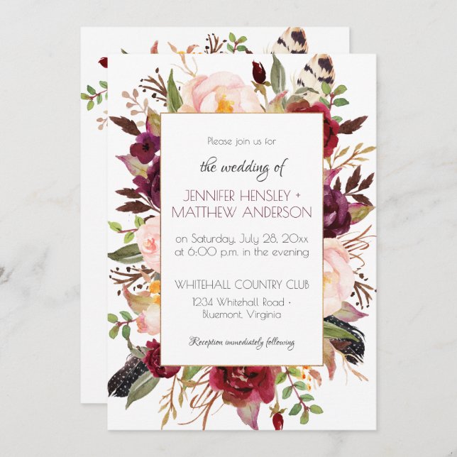 Watercolor Boho Marsala Red Burgundy Roses Frame | Invitation (Front/Back)
