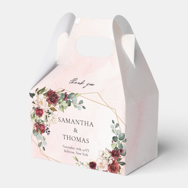 Watercolor boho marsala roses gold wedding favour box (Front Side)