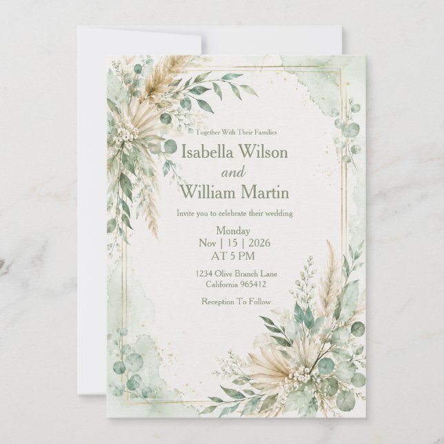 Watercolor Boho Mint Green Wedding Invitation (Front)