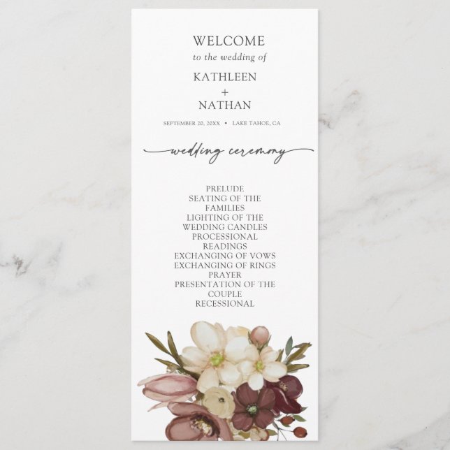 Watercolor Boho Neutral Wedding Program Menu (Front)