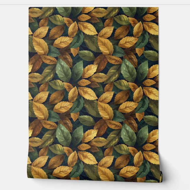 Watercolor boho orange yellow green fall leaves wallpaper (Unrolling)
