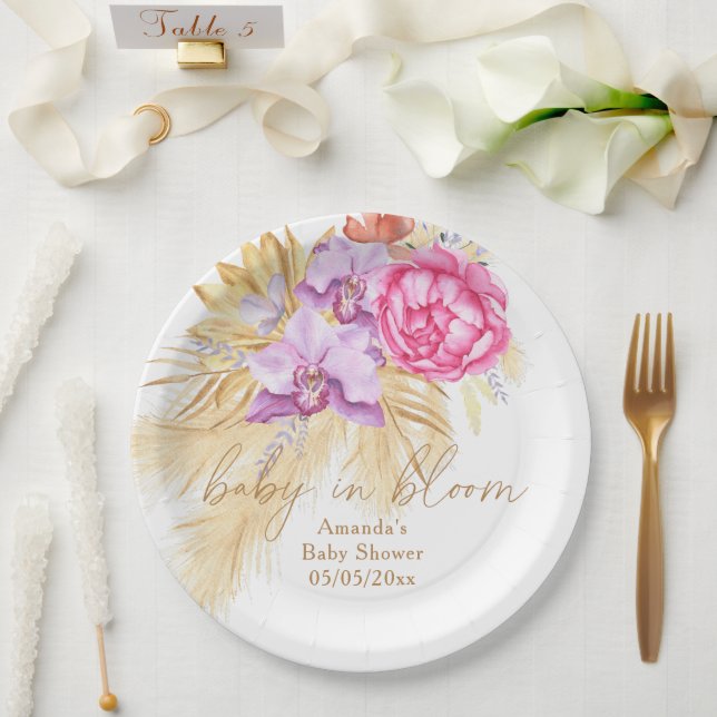 Watercolor boho pampas grass - Baby shower Paper Plate (Wedding)