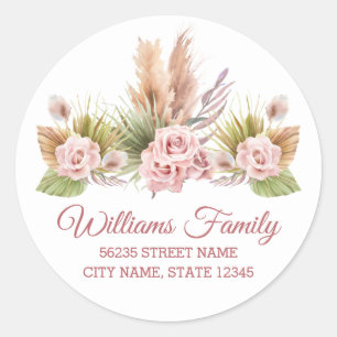 Watercolor Boho Pampas Grass Blush Floral Address Classic Round Sticker