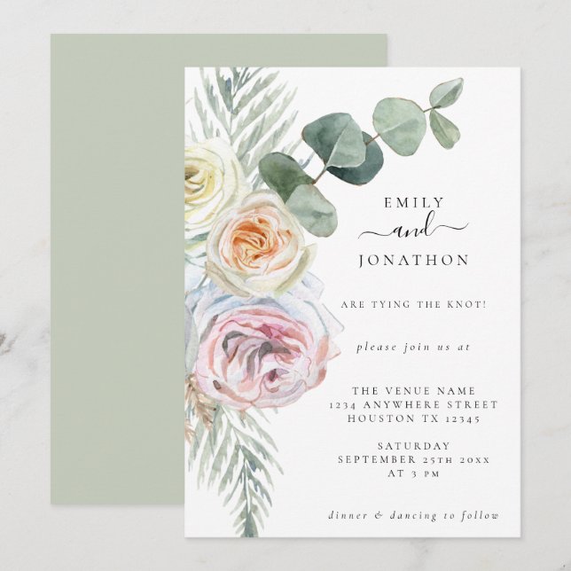 Watercolor Boho Pastel Florals Eucalyptus Wedding Invitation (Front/Back)