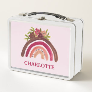 Watercolor Boho Pastel Kids Girl Floral Rainbow Metal Lunch Box