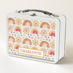 Watercolor Boho Pastel Orange Girl Sun Rainbow Metal Lunch Box