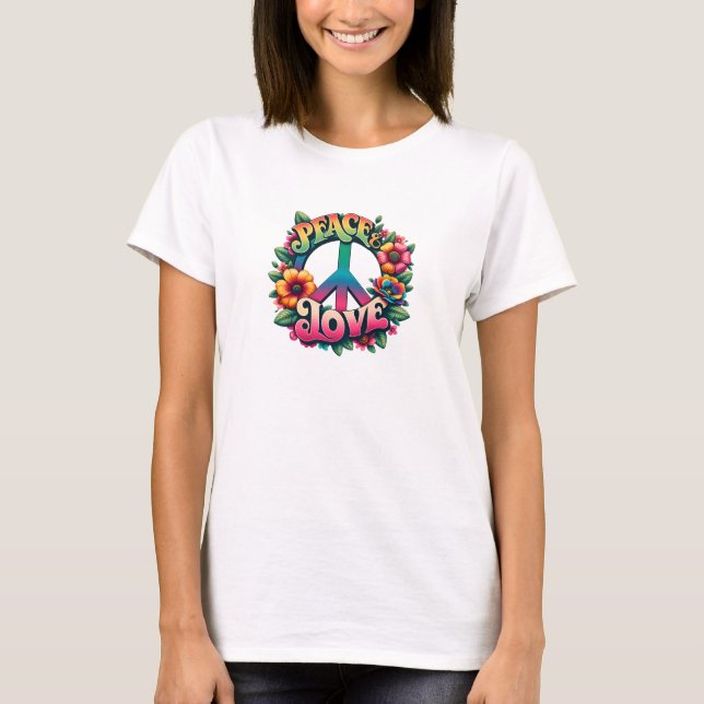 Watercolor boho peace and love floral T-Shirt (Front)