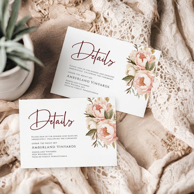 Watercolor Boho Peonies Floral Wedding Details Enclosure Card (Creator Uploaded)