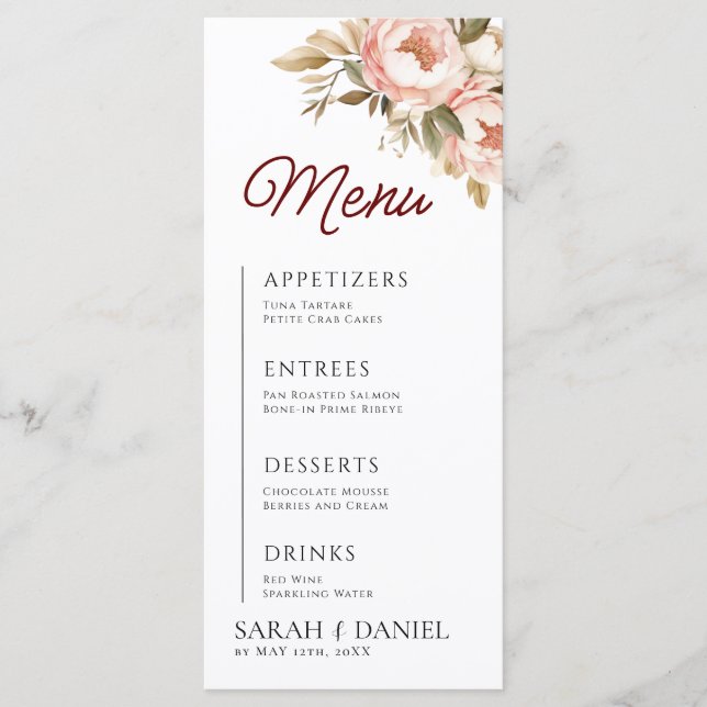 Watercolor Boho Peonies Floral Wedding  Menu (Front)