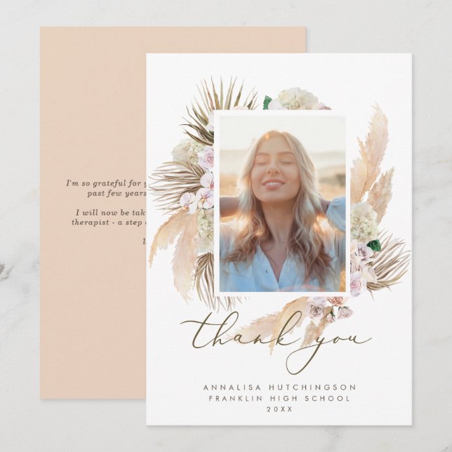Watercolor Boho Photo Graduation Thank You Card (Front/Back)