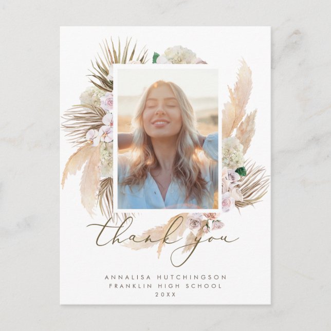 Watercolor Boho Photo Graduation Thank You Postcar Postcard (Front)