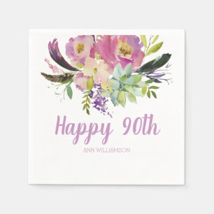 Watercolor Boho Pink and Purple Floral Birthday Napkin