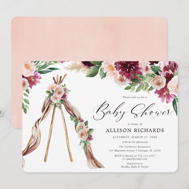 Watercolor Boho pink burgundy floral baby shower Invitation (Front/Back)